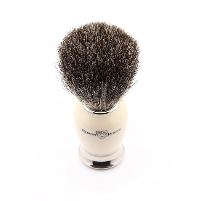 Edwin Jagger 81SB587AMZ Classic Imitation Ivory Pure Badger Exfoliating Shaving Brush with Stand for Shaving Cream or Shaving Soap for Men and Women (Ivory)