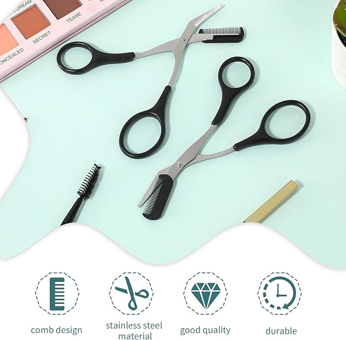 KALIONE Professional Eyebrow Trimmer Scissors with Comb, Stainless Steel, Black, Ambidextrous, Straight Edge, 2 Count, Perfect for Men & Women