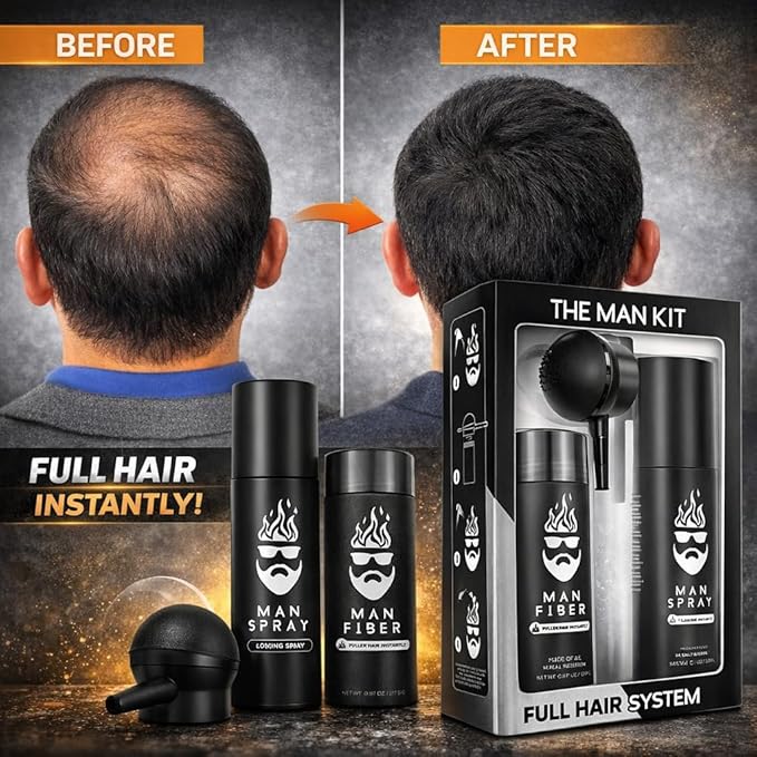 Hair Thickening Fibers (Black), Hair Fiber Locking Spray + Applicator Fiber Pump to create Natural looking Fuller Hair and Beard | Man Card Included | Hair Set by the THE MAN KIT