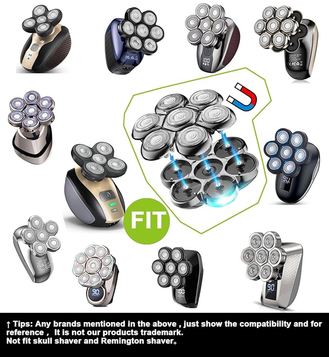 Universal Magnetic 7 Blades Head Shaver Replacement Heads Compatible with Freedom Eagle Shaver, Compatible with mainstream shaver brands， Universal replacement heads (7 Silver)