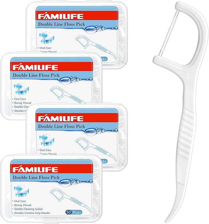 FAMILIFE Dental Floss Picks, Double Line Flossers 200 Count, Unwaxed Flossing Thinner and Tougher Unflavored Threader Flosser with 4 Travel Cases
