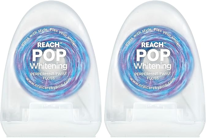 REACH POP Whitening Dental Floss, Peppermint, Baking Soda Infused, Teeth Whitening, Plaque Remover for Teeth, Shred Resistant, Vegan Wax, Cruelty Free, Oral Care, PFAS Free, 54.6 yd, 2 Pack