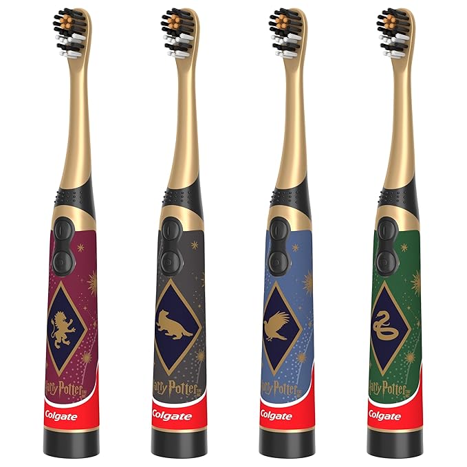 Colgate Harry Potter Kids Battery Toothbrush Multipack, Extra Soft Kids Vibrating Toothbrush, AA Batteries Included, 4 Pack, for Witches and Wizards Ages 3 and Older, Lay Flat Design