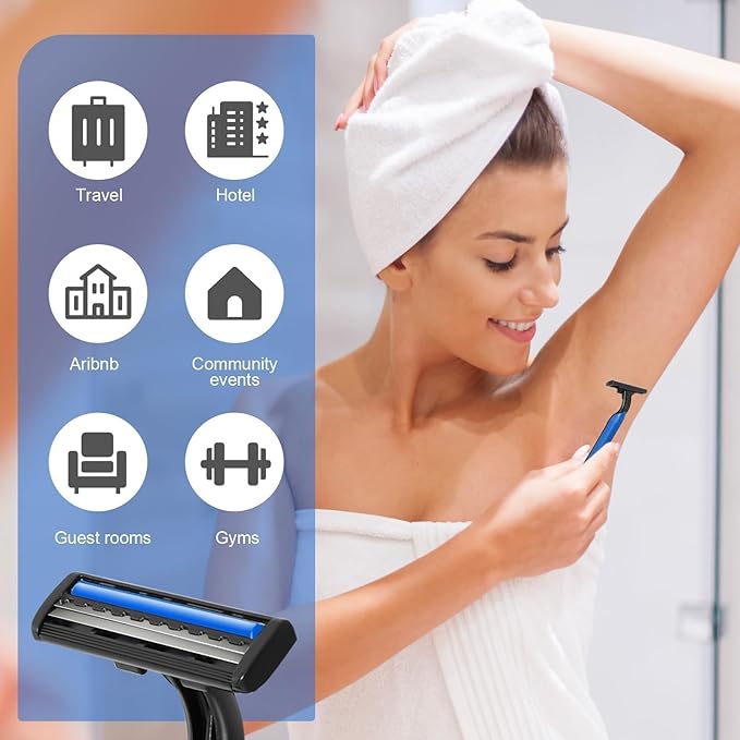120 Pack Disposable Twin Blade Razors Individually Wrapped, Clear Safety Cap， Multipurpose Portable Shave Razor for Man Woman Bathing Hotel Travel (Blue)
