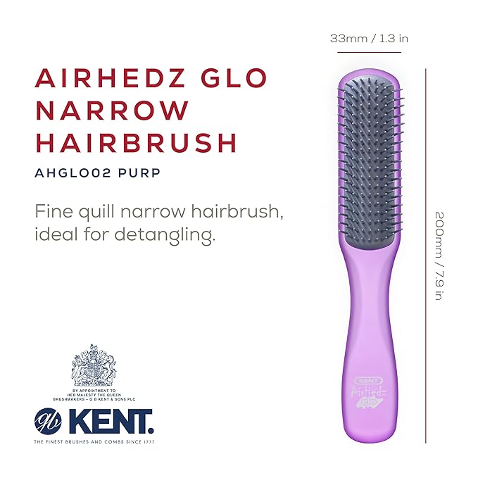 Kent AHGLO02 Airhedz Glo Purple Half Round Narrow Detangling Hair Brush - 9 Row Ionic Anti Static Non Scratch Long Nylon Bristle Great for Detangling and Smoothing Medium to Long Length Hair