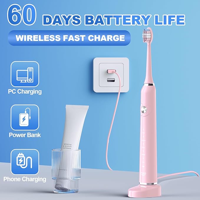 JTF Sonic Electric Toothbrush for Adults: 5 Modes with Smart Timer for Deep Cleaning & Whitening, 2 Brush Head Types for Sensitive Teeth, Gums & Braces, Travel-Friendly Case and Wireless Charging Base