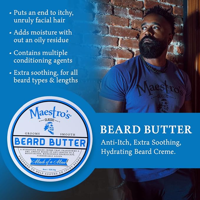 Maestro's Classic BEARD BUTTER | Anti-Itch, Extra Soothing, Hydrating Beard Creme For All Beard Types & Lengths- Mark of a Man Blend, 4 Ounce