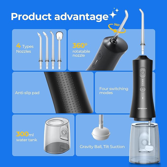 Operan 300ml Cordless Water Dental Flosser, Portable Water Flossers for Teeth, 4 Pulse Modes IPX7 Waterproof Oral Irrigator with 4 Tips, 21 Days Runtime for Travel, Home, Braces, Gum Care, Black+1Pack