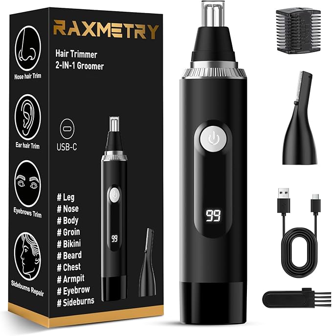 Nose Hair Trimmer for Men and Women,2025 Professional Painless IPX7 Waterproof Eyebrow & Facial Hair Trimmer,USB Rechargeable with LED Display Dual-Edge Blades for Smoother Cutting,Silver