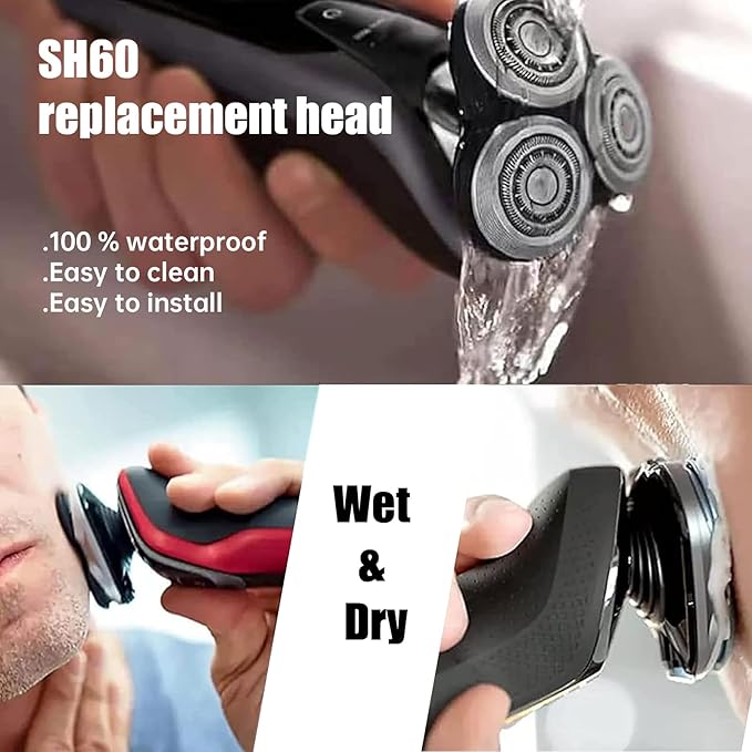 3 PCS SH60 Replacement Heads Compatible with Philips Norelco 6000 Replacement Blades Series 6000 Electric Shaver Razors for S6000 S6550 S6840 S6580 & Brush