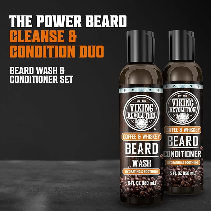 Viking Revolution Beard Wash and Beard Conditioner for Men with Argan Oil and Jojoba Oil- Beard Softener and Strengthener Beard Care Beard Shampoo and Conditioner with Ginseng Root(5oz,Coffee Whiskey)