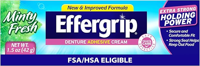 Effergrip Denture Adhesive Cream, Minty Fresh, 1.5 Oz, Zinc-Free Formula with Extra Strong Grip