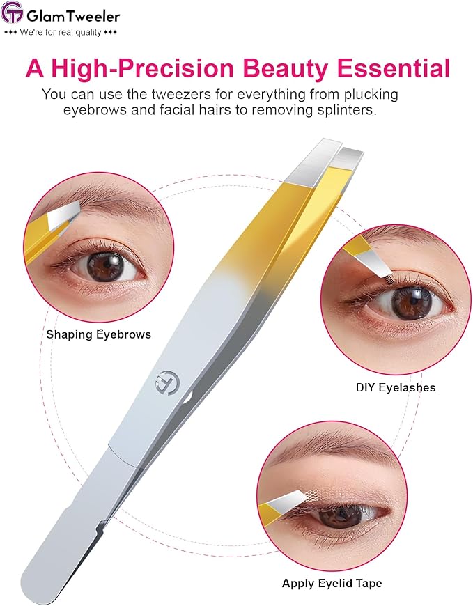 Exclusive G-01 Slant Tip Tweezers, GlamTweeler High Precison Expert Eyebrow and Facial Hair Removal Tweezer with Leather Storage & Carrying Case (Silver & Gold)