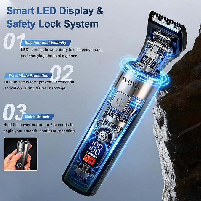 Electric Groin Hair Trimmer, LED Display Back Shaver for Men, Safety Lock, IPX7 Waterproof Wet/Dry Clippers, Rechargeable with Long Handle, Multi-Functional Back Trimmer for Men,(Soft Silver)