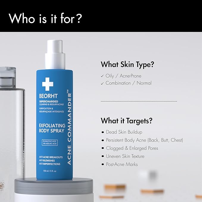 Acne Body Spray for Back & Chest – Exfoliating Body Mist for Breakouts & Blemishes – Daily Clarifying Spray for Men & Women