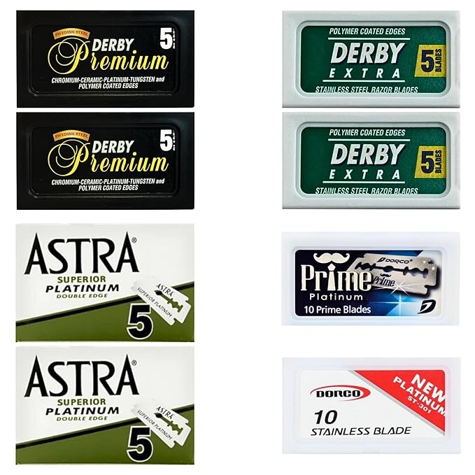 Double Edge Safety Razor Blades Sampler Pack for Men-Includes 3 Top Global Brands: Dorco Astra Derby-Comfortable Shaving –Fits All Double Edge Safety Razors (50)