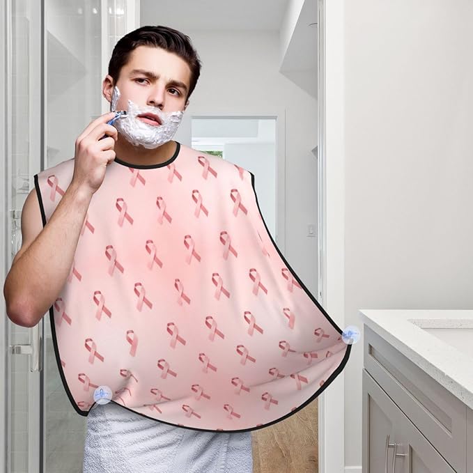 Beard Grooming Cape, Waterproof Hair Catcher for Shaving Trimming, Non-Stick Bib Apron Gifts for Dad Men, Breast Cancer Ribbons Awareness Pink Shave Bib
