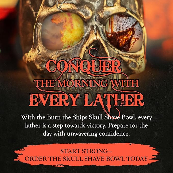 Burn The Ships Ceramic Skull Shave Bowl | Handmade Lather Mug for Men | Hot Foam Brush Dish | Vintage Razor Soap Holder | Beard Grooming Accessory | Luxury Gift for Him