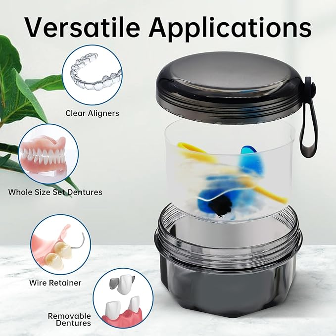 Leak Proof Denture Cups for Soaking Dentures with Strainer Basket and Brush, Partial Denture Bath Case Travel Retainer Cleaning Container Case for Aligner, Denture, Mouth Guard - Transparent Black