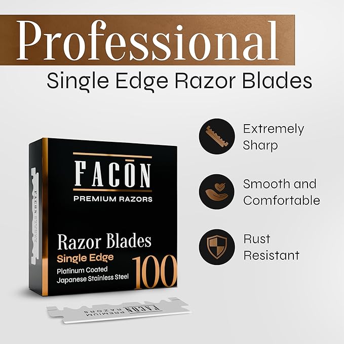 100 Facón Single Edge Razor Blades for Barber Straight Razor, Straight Razor Blades for Shaving, Platinum Japanese Stainless Steel for Smooth & Precise Shave, Premium Replacement Barber Razor Blade