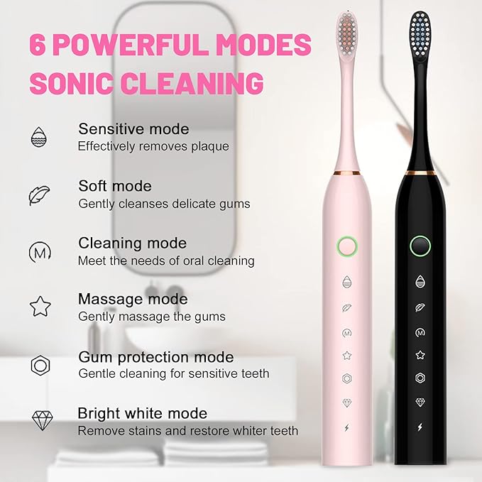 Electric Toothbrush for Adults, Rechargeable Electric Toothbrush with 8 Brush Heads, 42000vpm 6 Modes IPX7 Waterproof, 2 Pack Soft Electric Toothbrush, Black Pink