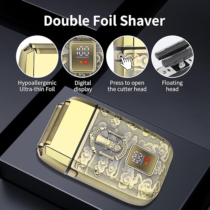 HIENA PRO Professional Foil Shaver for Men, Double Electric Foil Trimmer, Cordless Bald Head Precision Trimmer, Electric Razor, Rechargeable with USB, Gifts for Men (QGM)