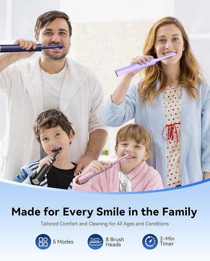 JTF Sonic Electric Toothbrush for Adults & Kids: 5 Modes for Sensitive Teeth, Effective Yet Gentle Cleaning - with 8 Brush Heads & Smart Timer, Rechargeable Portable for Daily Care, Home & Travel Use