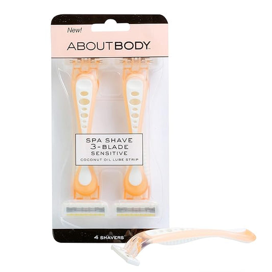 About Beauty Spa Shave 3 Blade Disposable Razors, Includes 4 Disposable Razors, Skin-Soothing Coconut Oil Moisture Pad Gently Glides Along Skin, Ergonomic Cushion Grip Handle
