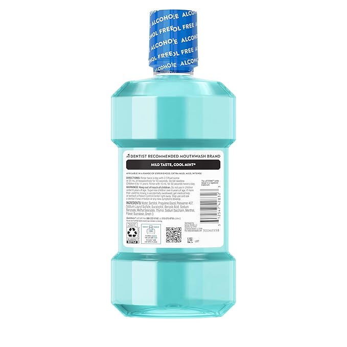 Listerine Cool Mint Alcohol-Free Mild Mouthwash, Oral Rinse Kills 99.9% of Germs that Cause Bad Breath, Less Intense Taste, Mild Mint Flavor, 500 mL