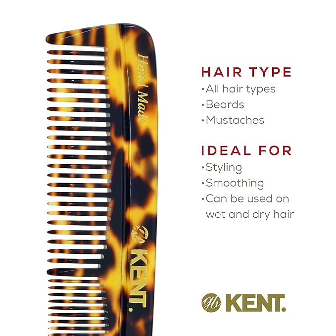 Kent R7T TY Fine and Wide Tooth Hair Comb, Handmade Pocket Comb for Mens Beard and Mustache for Everyday Grooming and Styling, Sawcut Hand polished, Made in England