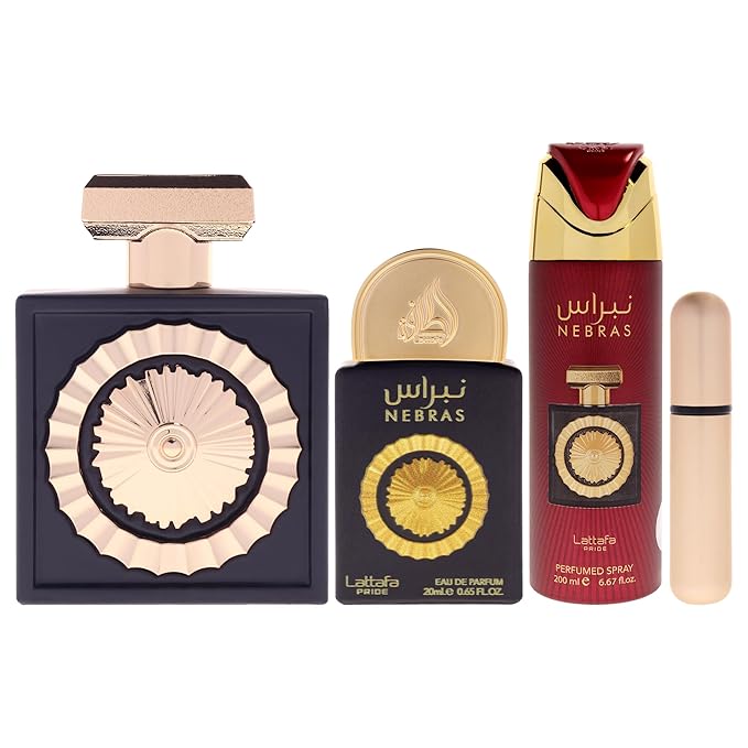 Lattafa Pride Nebras – Fruity, Sweet, Vanilla, Amber – 3-Piece Gift Set for Unisex (3.4 Ounce Eau de Parfum Spray + 0.65 Ounce Eau de Parfum Spray + 6.67 Ounce Deodorant Spray)