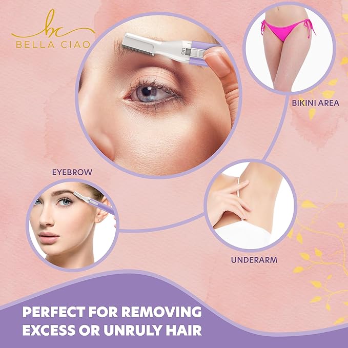 Bella Ciao Eyebrow and Bikini Trimmer for Women, Gentle Electric Facial-Hair Removal Device with Dual-Sided Trimming Guide and Protective Cap, Portable Precision Facial-Hair Trimmer, Battery Operated