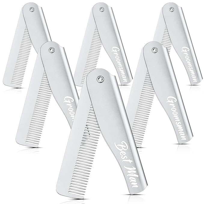 6 Pcs Groomsmen Gifts Folding Beard Comb for Men with Opener Groomsmen Gift Set of 6 Best Man Proposal Gift Combs Hair Mustache for Wedding Party Favor Grooming Detangling(Silver,Stainless Steel)