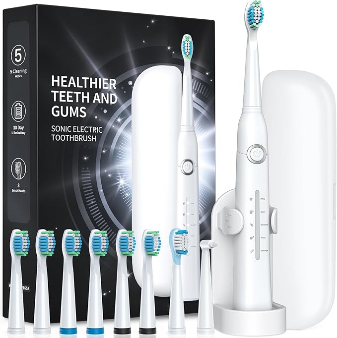 TEETHEORY Electric Toothbrush with Travel Case, Sonic Toothbrush for Adults with 8 Brush Heads for 2-Year Use, 40000 VPM Deep Clean Rechargeable Toothbrushes Last 30 Days with 5 Modes White