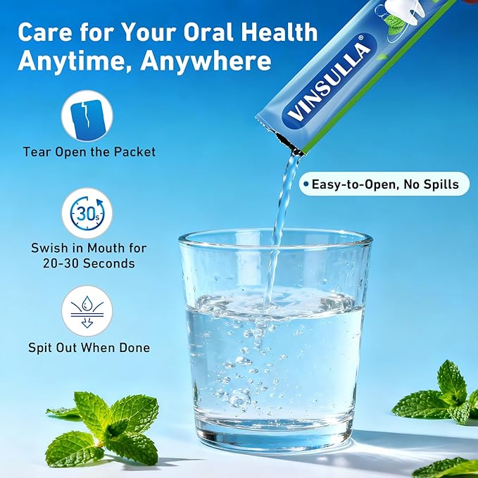 VINSULLA Travel Size Mouthwash - Portable Packets,Alcohol & Fluoride Free,Fresh Cool Mint Flavor,Disposable Oral Care Strips for On-The-Go Hygiene (0.41 Fl Oz (Pack of 30), Mint)