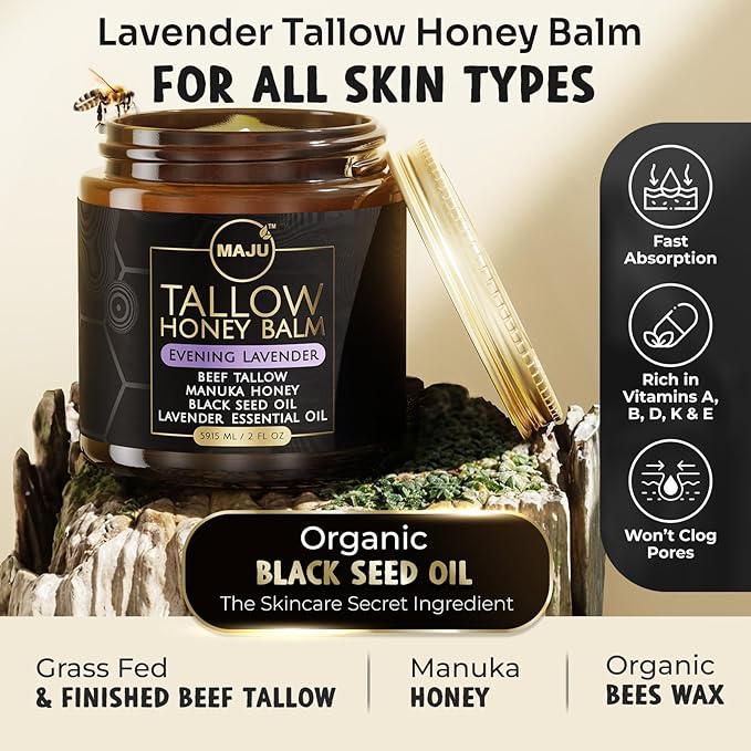 MAJU Tallow Honey Balm, Evening Lavender (2 oz), Grass Fed Beef Tallow for Skin with Organic Black Seed Oil, Manuka Honey and Organic Beeswax, Skin and Face Moisturizer for Deep Hydration