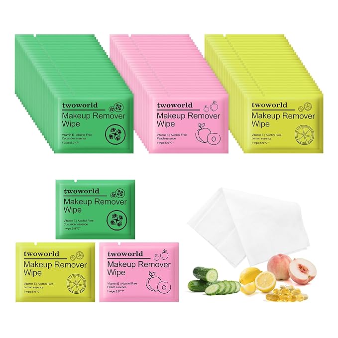 Makeup Remover Wipes Bulk Individually Wrapped,Travel Makeup Wipes Gentle for Face Cleansing Mascara Lipstick Travel Hotel（honey peach,lemon and cucumber,pack of 60)