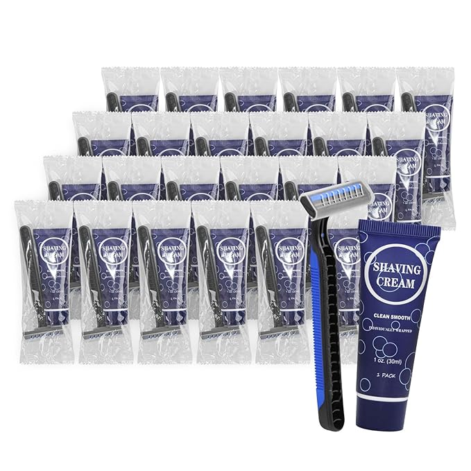 Shaving Razor Set, Disposable Individually Wrapped Manual Twin Blade Razors in Bulk Smooth Shaving Razors with Mini Shaving Cream Toiletries for Hotel Charity Camping Travel Homeless 1oz (Pack of 30)