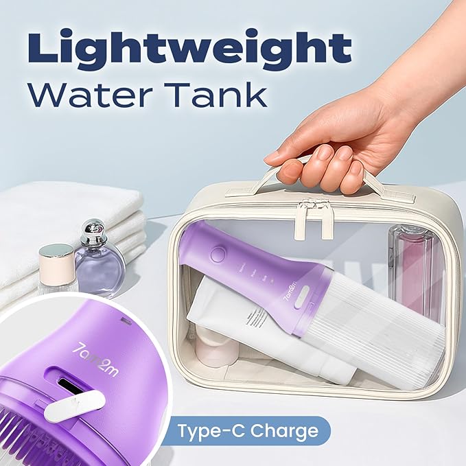 7AM2M Portable Cordless Water Flosser, Oral Irrigator with 3 Modes & 2 Tips, Fast Rechargeable, IPX7 Waterproof, Dental Water Flosser for Travel and Home Use (Purple)