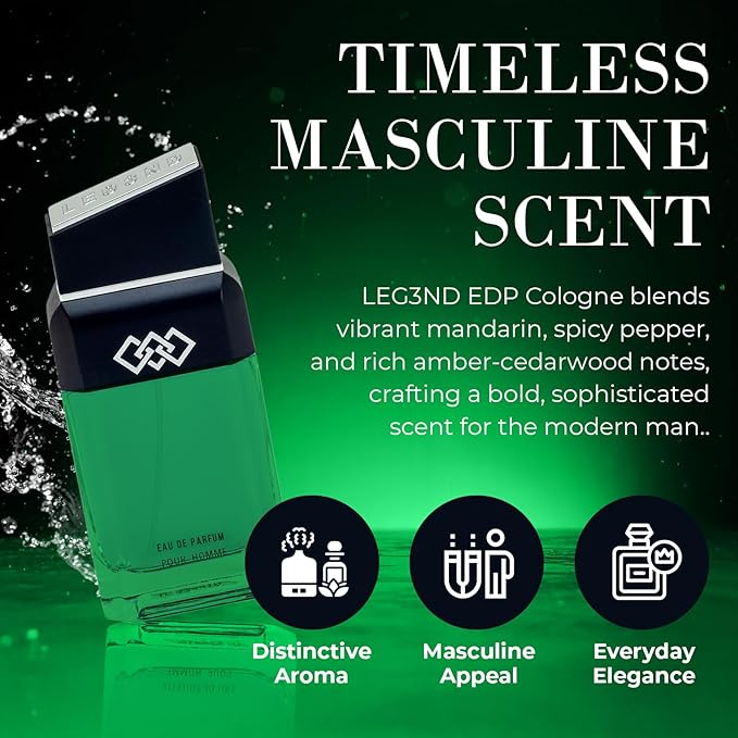 LEG3ND Men's Cologne Eau de Parfum Spray - 3.4oz/100ml Long-Lasting Scent with Elegant & Sleek Glass Bottle - Fragrance for Men with Luxurious Mandarin & Musk Notes (Green Edition)