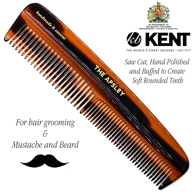 Kent R7T The APSLEY, Special Edition, Fine and Wide Tooth Hair Comb, Handmade Pocket Comb for Men, Best Beard and Mustache Combs for Everyday Grooming and Styling, Sawcut Handmade.