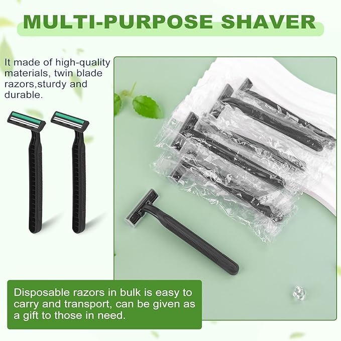 Disposable Twin Blade Razors in Bulk, Individually Wrapped - Clear Safety Cap, For Homeless, Hotel, Airbnb, Travel (pack of 50,black)