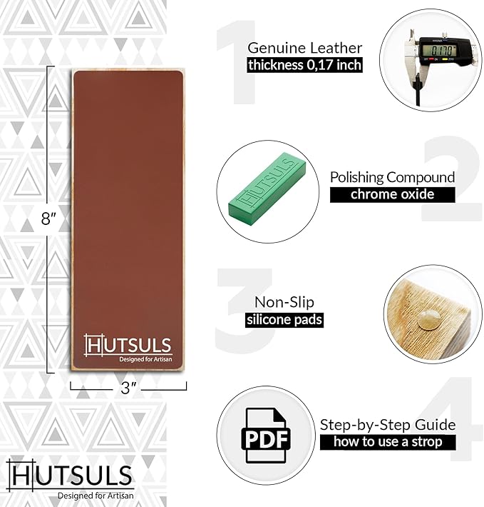 Hutsuls Leather Strop for Knife Sharpening - 3x9 Inch Wood Base Strop Block with Green Stropping Compound, Stropping Kit, Genuine Leather Knife Strop for Knives, Chisels and Straight Razors