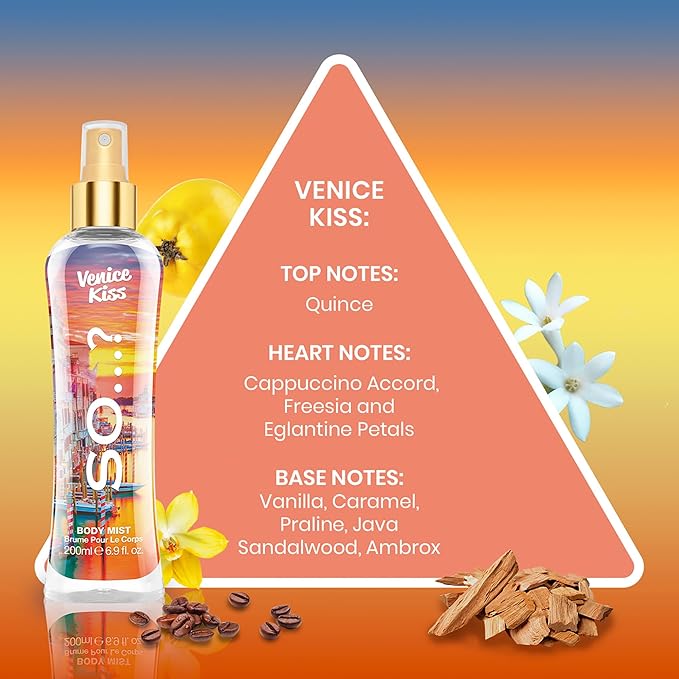 So…? Venice Kiss Body Mist - Vanilla Gourmand with Fruity Floral Perfume for Women - Refreshing Body Spray, Gifts 6.9 oz