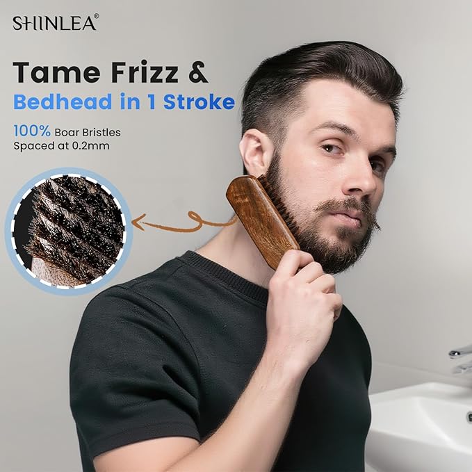 Boar Bristle Hair Brush for Men, Beard Brush with Wooden Handle for Beards Mustaches Grooming, and Soften Facial Hair, Slick Back Hair Brush for Thick & Fine Hair, Great Gift