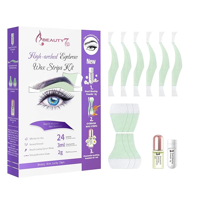 Beauty7 Eyebrow Wax Strips High-arched Eyebrow Wax Strips Kit Hair Removal at Home Waxing 24 Strips with Pearl Powder Essential Oil for Sensitive All Skin Types Women