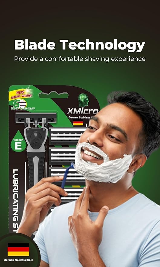 XMicro® Razors for Men, 1 Razor, 7 Blade Refills with German Stainless Steel, Lubricated with Vitamin E, Aloe for Smooth Shave, Shields Against Irritation, Light Weight Version X Men