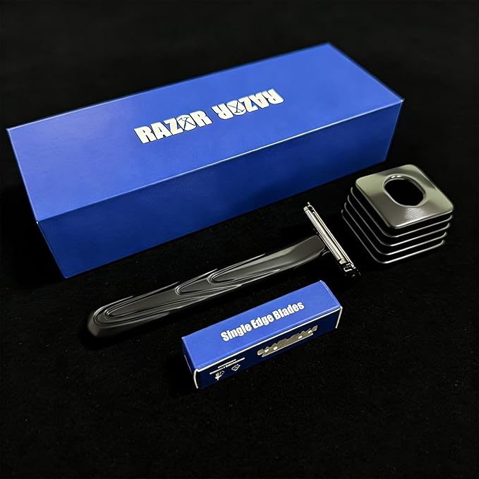 Men's Safety Razor with Black Double Stainless Steel Blades - 2 Half Flexible Blades for Smooth Gliding Shave & Beard Care (Black)