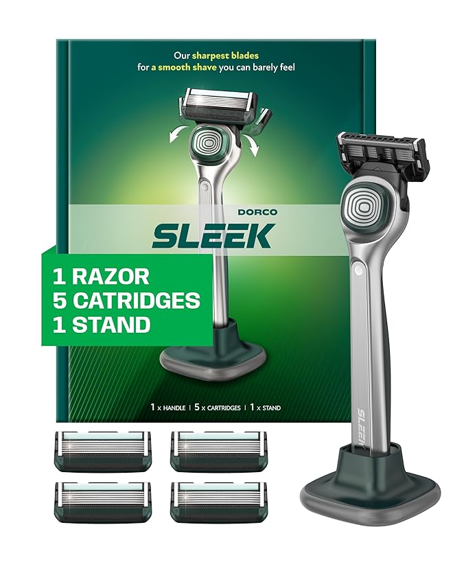 DORCO SLEEK 6 Blade Razor for Men with Stand and 5 Cartridges | Men's Cartridge Razors with Razor Handle and Smooth Shaving Blades | Men's Razor with Multi-Flex Technology