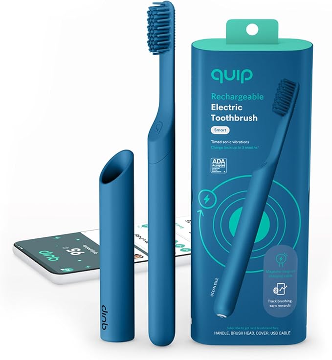 Quip Rechargeable Smart Sonic Toothbrush for Adults - Timed Electric Toothbrush with Bluetooth & Rewards App - Replaceable Brush Head, Soft Bristles, Plastic Handle - Travel Toothbrush - Ocean Blue